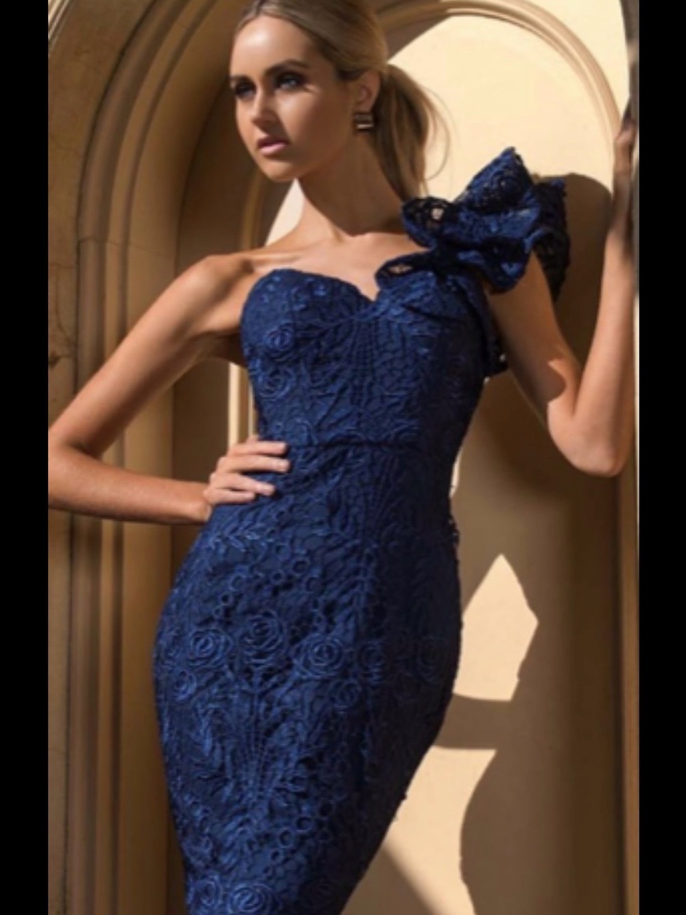 NWT Bariano Size US 8 - Navy Lace One-Shoulder Evening Dress